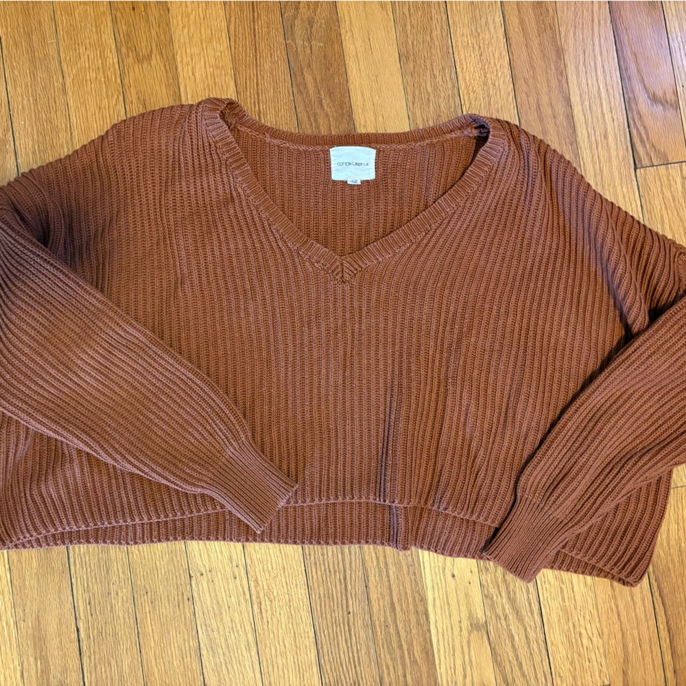 Cotton Candy LA Women's V-Neck Sweater in Burnt Orange